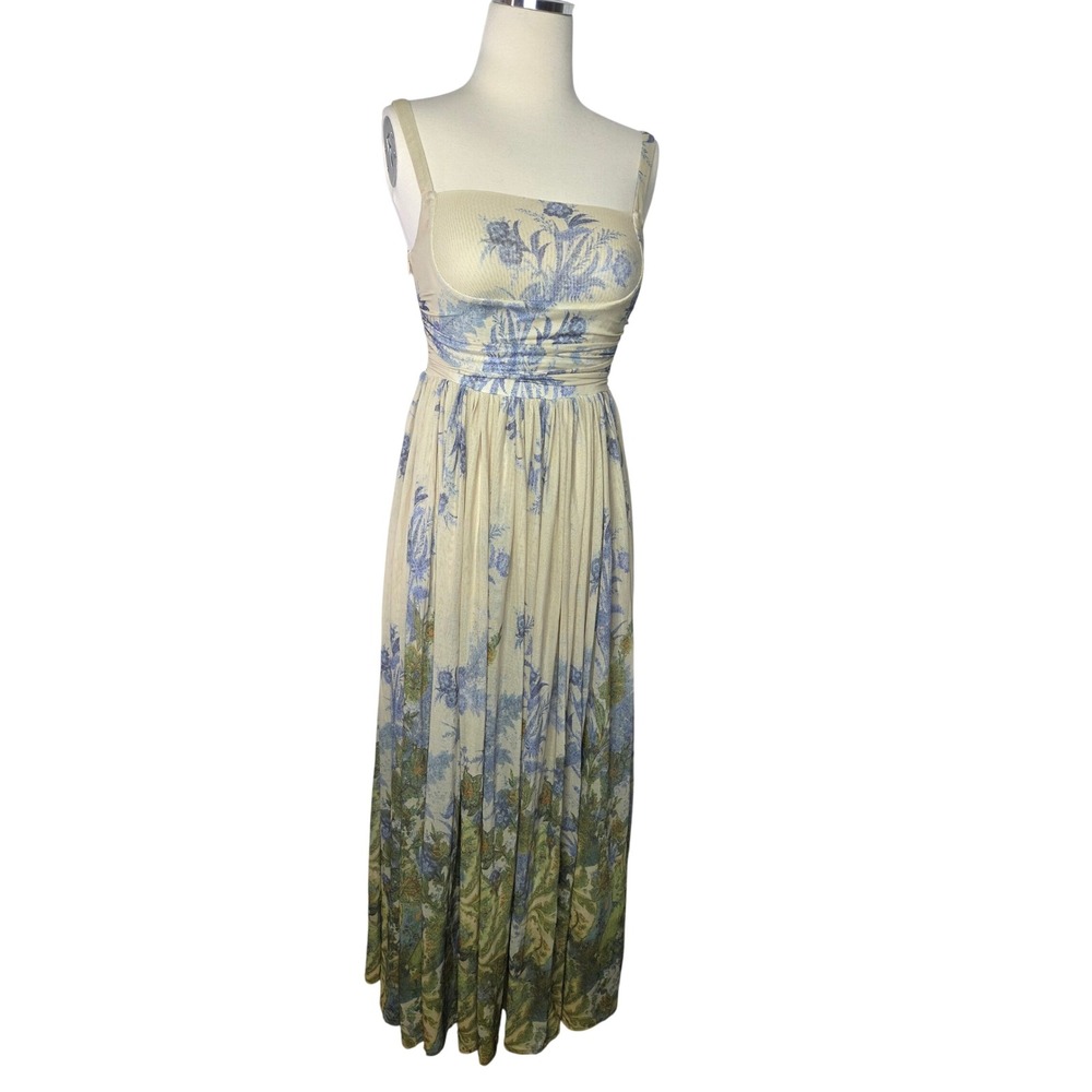 Aconiconi Cream Blue Floral‎ Print Ruched Empire Waist Maxi Dress